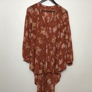 Rust Floral High-Low Tunic Blouse